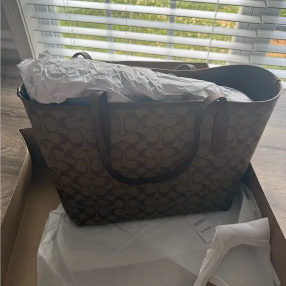 Coach Brown Monogram Tote with Leather Trim - Picture 3 of 4